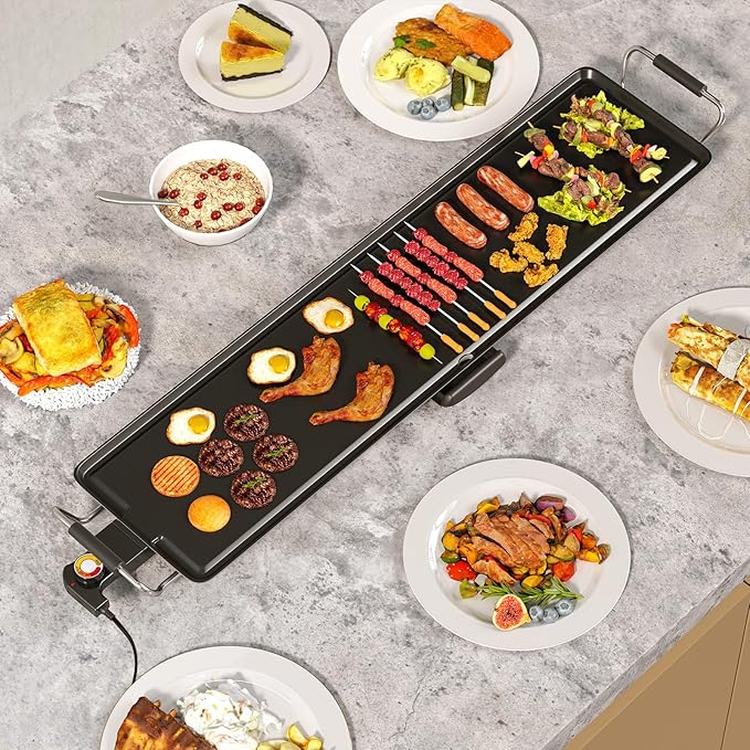 LDAILY 35’’ Extra Large Nonstick Electric Griddle, Teppanyaki Grill BBQ W/ 4 Adjustable Temperature, Even Heating & Handles, Long Table Top Pancake Griddle Grill for Indoor & Outdoor Party, Camping