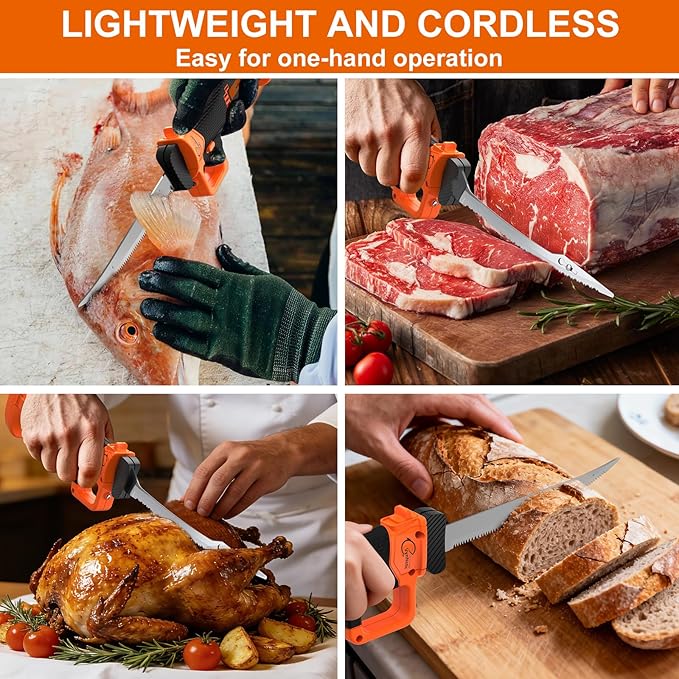 Cordless Electric Fillet Knife with 7'' and 9'' Stainless Steel Non-Stick Blades, Rechargeable Electric Knife for Fish with Non-Slip Grip Handle, 2 Batteries and Portable Case For Outdoor Fishing