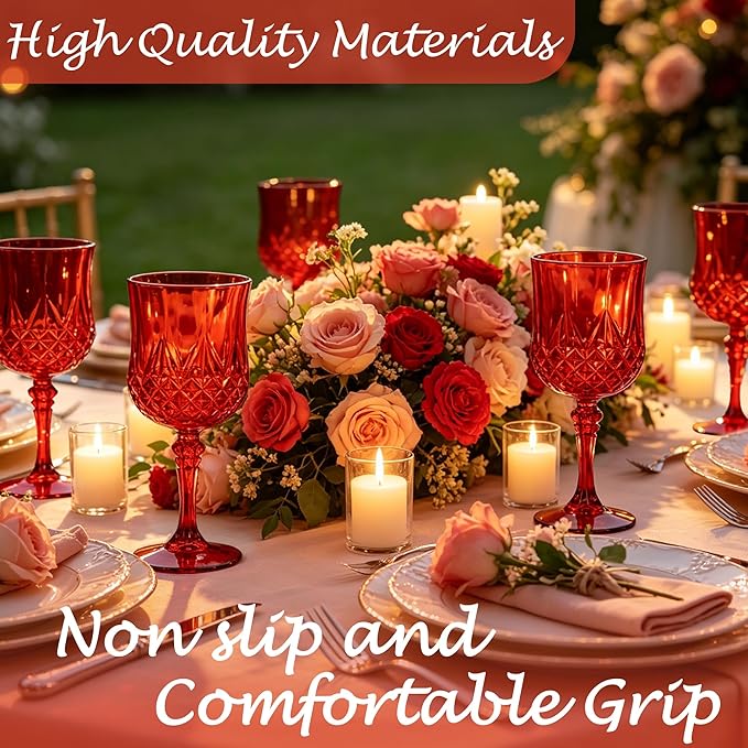 Plastic Wine Glasses, Plastic Goblets Vintage Style Cordial Unbreakable Drinking Glasses, Reusable Drinkware for Wedding Reception, Grand Event Party Supplies,Mother's Day (12, Red)