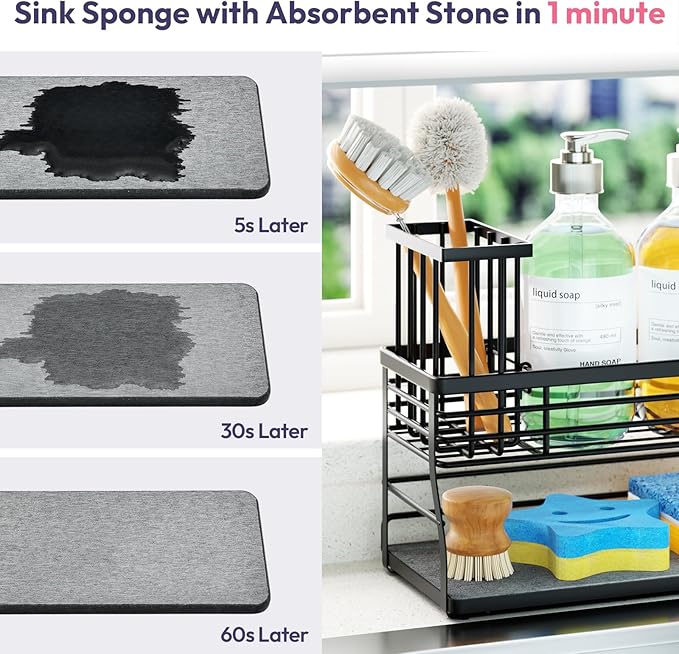SWTYMIKI Sponge Holder for Kitchen Sink - 2 Tier Rustproof Sink Caddy with Instant Drying Stone, Removable Dish Brush Holder, Stainless Steel Kitchen Caddy for Coutertop Storage Accessories