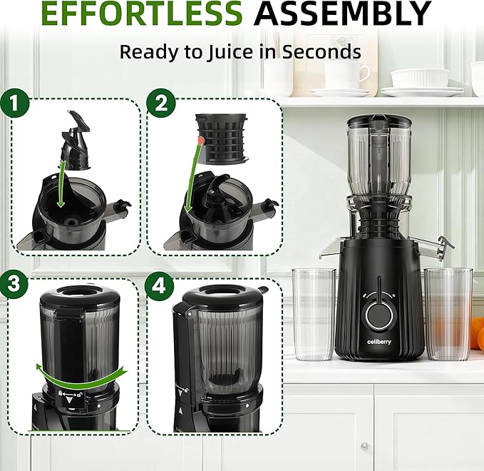 Cold Press Juicer Machines, Slow Masticating Juicer with Large Chute, Self-Feeding Juice Extractor for Whole Fruits & Vegetables, 98% Juice Yield, Quiet & Easy to Clean, Black