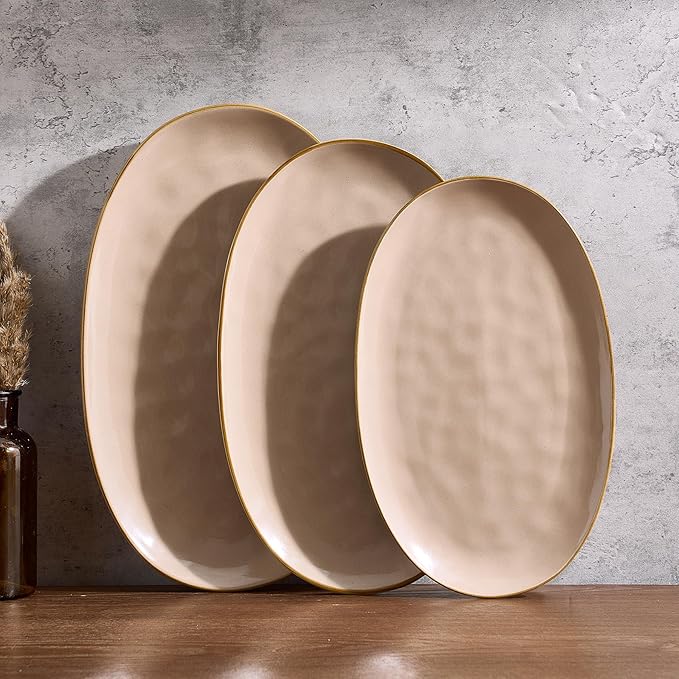 famiware Serving Platter, Oval 15.59/14.3/12.9 inch Serving Dishes for Entertaining, Serving Bowls, Microwave Safe, Stonware Serving Trays for Party, Turkey, Cheese, Ocean Series, Cinnamon Brown