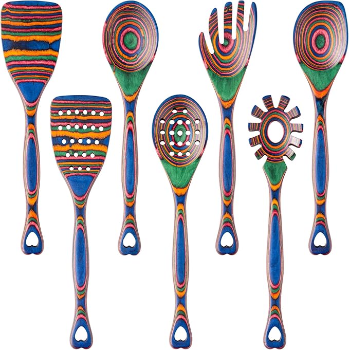 Gudamaye Pakkawood 7-Piece Wooden Cooking Utensils, Wooden Spoons for cooking, Pakkawood kitchen Utensils for Cooking, Non-Stick Spoon, Household Essentials, Heat-Resistant Spoons