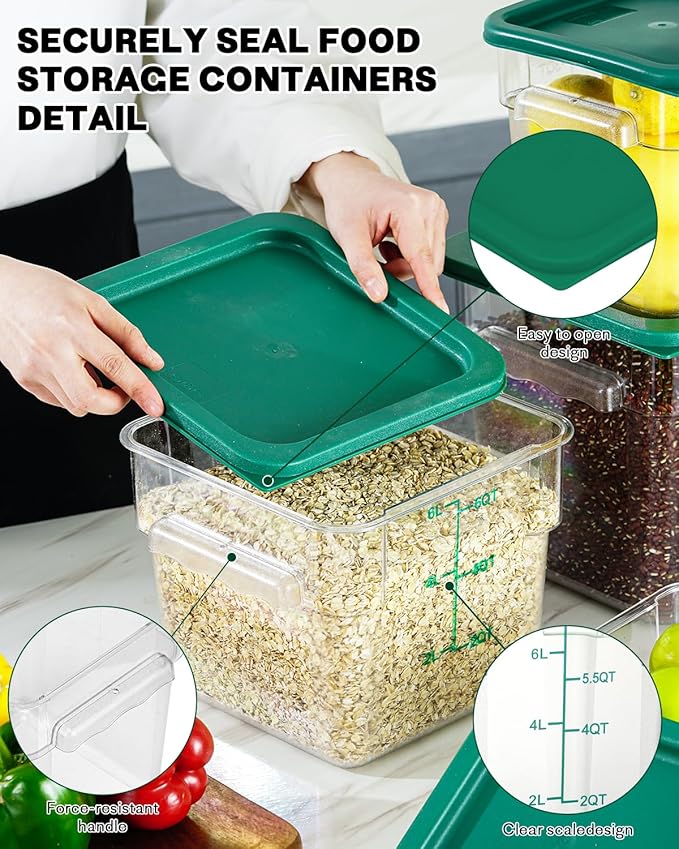4L NSF Food Storage Containers: 4 PCS [Food Grade][Hot&Cold Resistant] Commercial Clear Food Storage Containers with Lids for Restaurant Kitchen Proof Dough, Measuring Spoons Included(Green)