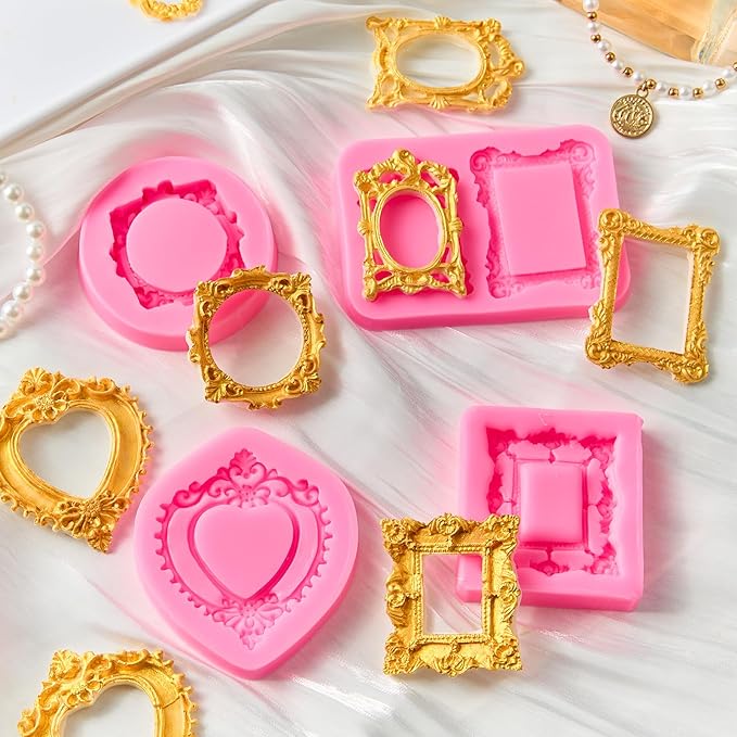 Puyeipt 4 Pcs Photo Frame Silicone Molds, Baroque Style Picture Photo Frames Fondant Molds for Cupcake Topper, Chocolate, Candy, Donut Cake Puck Decoration and Clay Craft Making