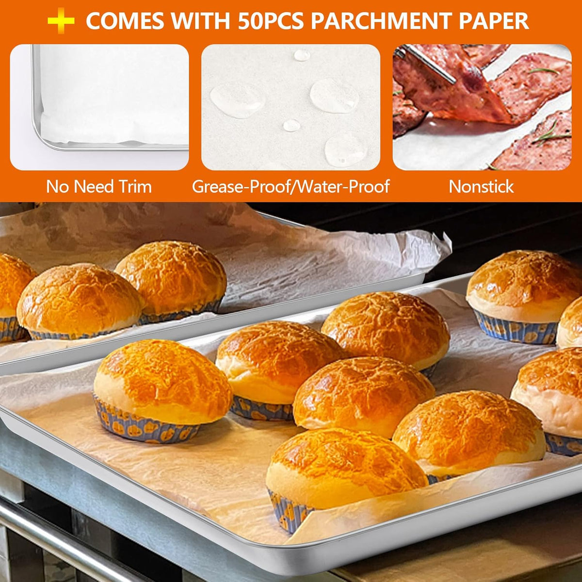 Large Baking Sheet, E-far 18”x13” Stainless Steel Cookie Sheet Pan for Oven with 50 Parchment Paper, Rectangle Metal Baking Tray for Roasting, Rust Free & Heavy Duty, Dishwasher Safe-2 Pack