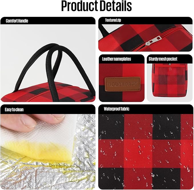 douyadady Lunch Bag Women/Men Lunch Box Women/Men (Red+Black Blocks)