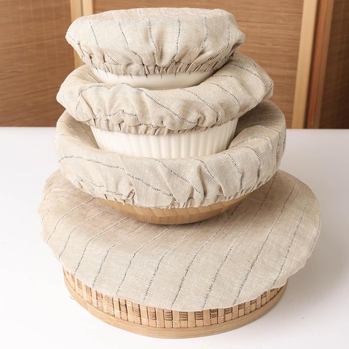 100% Linen Stripe Bowl Covers Reusable For Bread Proofing, 4 Pcs Elastic Cloth Fabric Bowl Covers, 5.9 * 7.9 * 9.8 * 11.8 Inches, Linen