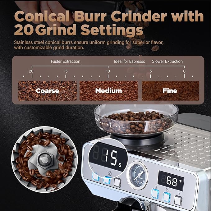 Espresso Machine with Grinder 20 Bar Professional Expresso Coffee Machines for Home Customizable 194℉-203℉ Temp Control Espresso Maker with 68oz Water Tank All-in-One Coffee Maker Cold Brew