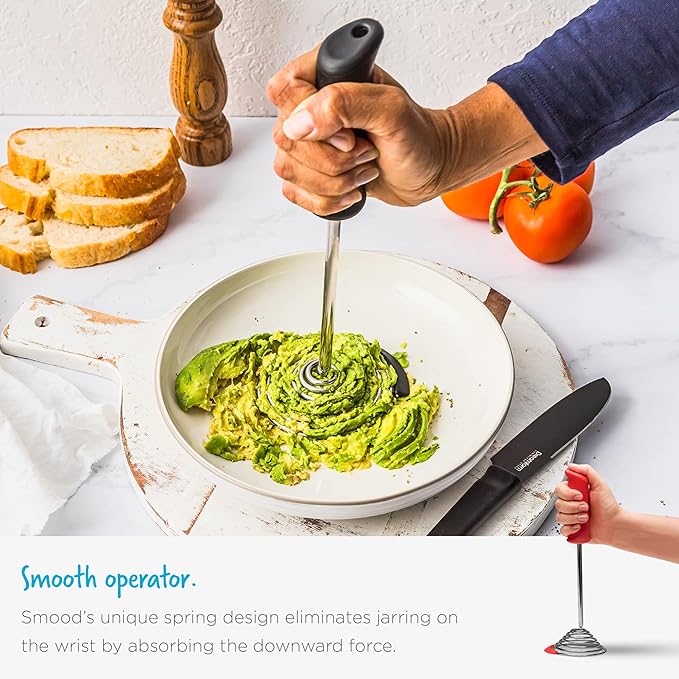 Dreamfarm Smood One-Handed & Ergonomic Soft-Grip, Stainless-Steel Vegetable & Potato Masher with Silicone Bowl Scraper - Black