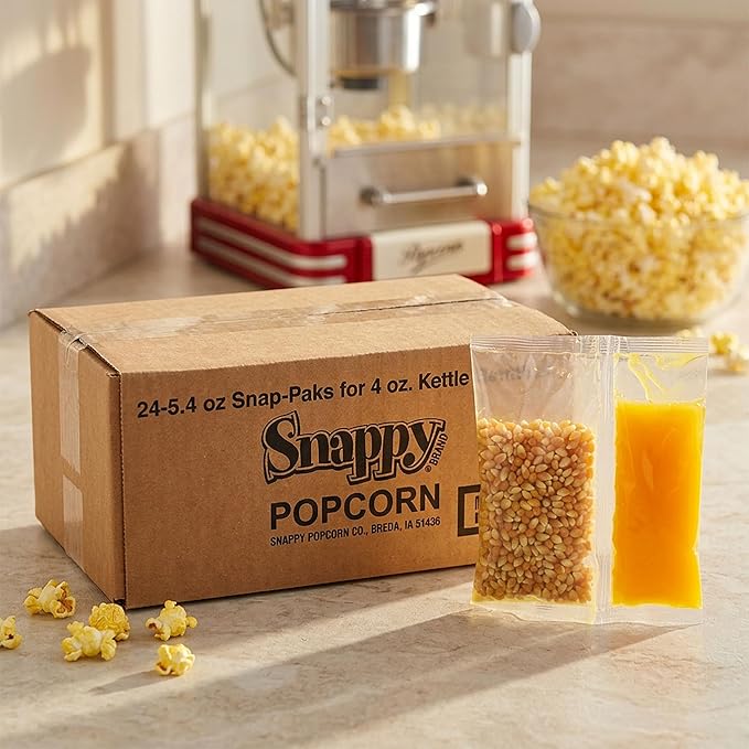 Snappy Snap-Paks All in One Popcorn Portion Packets for 4 oz Popping Machine, Kernels, Oil, and Salt, 24 Count