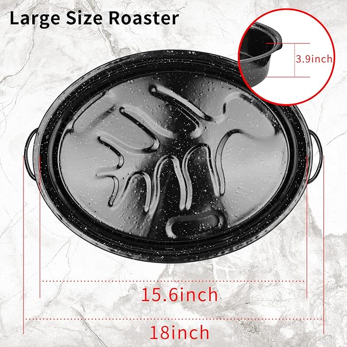 JY COOKMENT Granite Roaster Pan, 18' Enameled Roasting Pan with Domed Lid. Oval Turkey Roaster, Great for Chicken, Lamb, Vegetable. Dishwasher Safe Cookware Fit for 18Lb Turkey