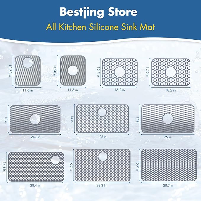 Bestjing 2 Pack Silicone Sink Protectors for Kitchen Sink with Center Drain, 13.58''x 11.6'' Non-Slip Heat Resistant Mat Grid for Bottom of Stainless Steel Porcelain (Center Hole)