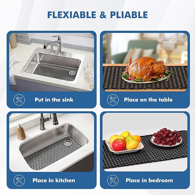 Bestjing Silicone Sink Protectors for Kitchen Sink - 28.4"x 14.3" Kitchen Protector Accessory, Non-Slip Heat Resistant Mat for Bottom of Farmhouse Porcelain Stainless Steel(Top Right Drain Hole,Black)