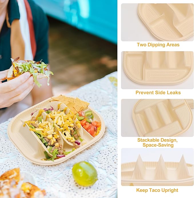 Small Disposable Taco Plates With Dipping Sides - 50 Pack, Biodegradable Cornstarch Taco Holder, Mini Size Fit 4-6 Inch Street Tortilla Shells, Sturdy & Microwave Safe, Bar Serving Set For A Party