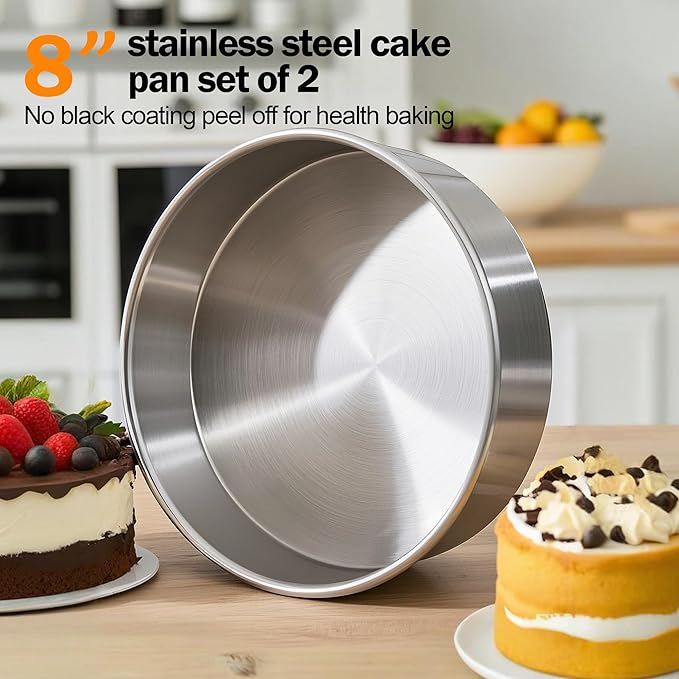 8 Inch Cake Pan Set of 2, Stainless Steel Baking Pan Round Cake Mold for Layered Cakes, No Coating Smash Cake Pans Cake Mold, Mirror Finish Dishwasher Safe Cake Pans Sets for Baking
