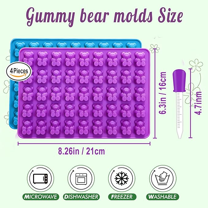4 pcs Large Gummy Bear Molds 5 ML, BPA-FREE Silicone Chocolate Candy Gummy Molds with 4 Droppers and Cleaning Brush 140 Cavity