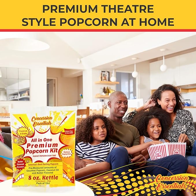 Concession Essentials 8oz Popcorn Portion Packs – Pre-Measured Kernels, Oil & Salt – Case of 12 Packs for Perfect Popcorn Every Time
