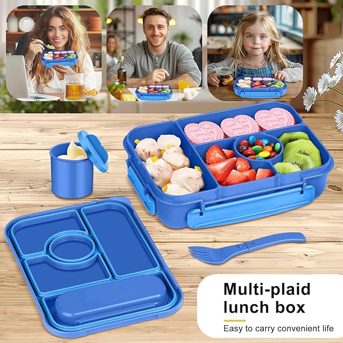 Amathley Bento Box Adult Lunch Box Kids,Lunch Containers for Adults/Kids/Toddler,5 Compartments Bento Lunch Box with Sauce Vontainers,Microwave & Dishwasher & Freezer Safe,BPA-Free (Navy)