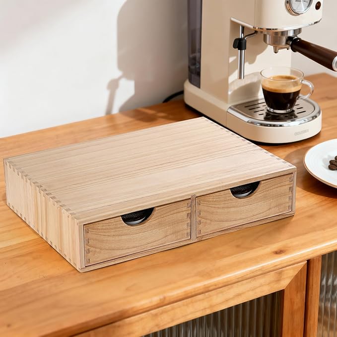 Wooden K Cup Organizer Coffee Pod Storage Box, Coffee Pod and Tea Bag Holder,Kcup Drawer Coffee Maker Stand,Home Kitchen Counter Holds Up to 30 Pods Capacity (2 Drawer) (Natural Wood Color)
