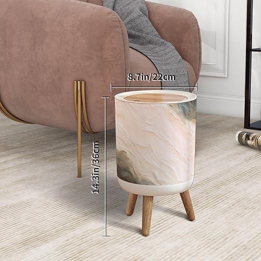 Trash Can with Lid Marble wall white brown ink swirl yellow green graphic abstract light Press Top Round Small Garbage Bin with Wooden Legs Waste Basket for Kitchen Bedroom Nursery 7L/1.8 Gallon