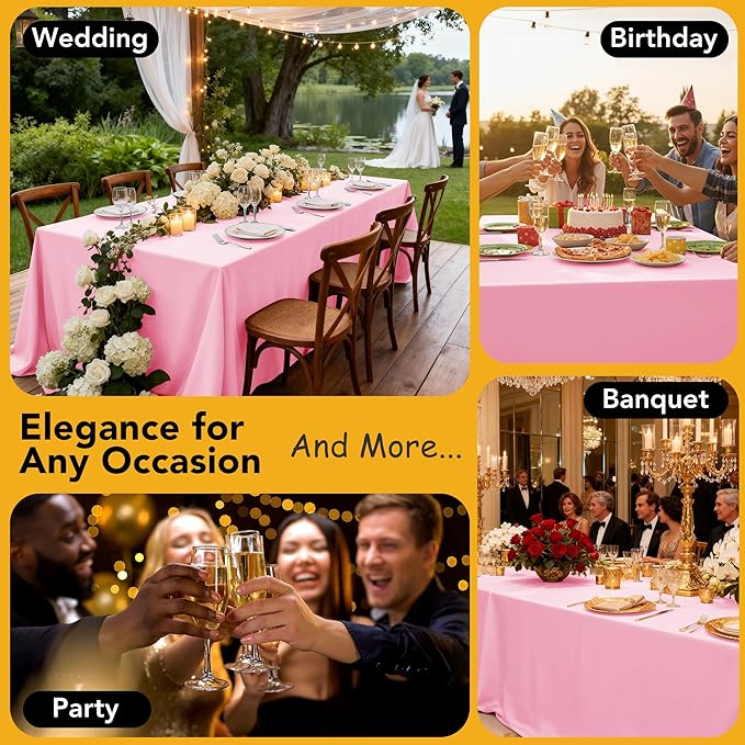6-Pack Pink Tablecloths for Square Tables, 54 x 54 Inches, Stain-Resistant Polyester Fabric for 2 Foot Tables - Washable Table Covers for Weddings, Banquets, Birthday Parties, Events