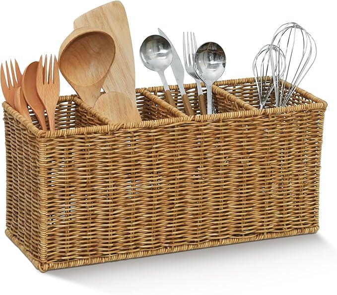 Extra Large Kitchen Utensil Holder with 4 Compartments, Handwoven Resin Wicker Utensil Caddy, Farmhouse Rustic Flatware Organizer for Countertop, Quick-Dry Storage Basket