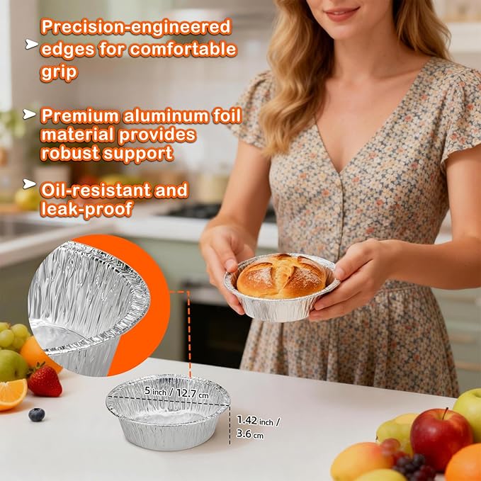 50 Pack Mini Pie Pans, 5in Pie Tins, Disposable Aluminum Round Foil Tart, Aluminum Foil Pans, Easily Stack & Store for Baking, Cooking, Storage or Reheating