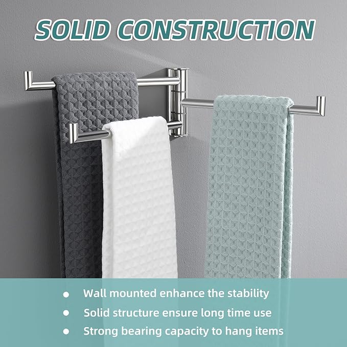 APLusee Polished Chrome Swivel Towel Bar, 304 Stainless Steel Foldable Towel Holder with 3 Arms, Wall Mounted