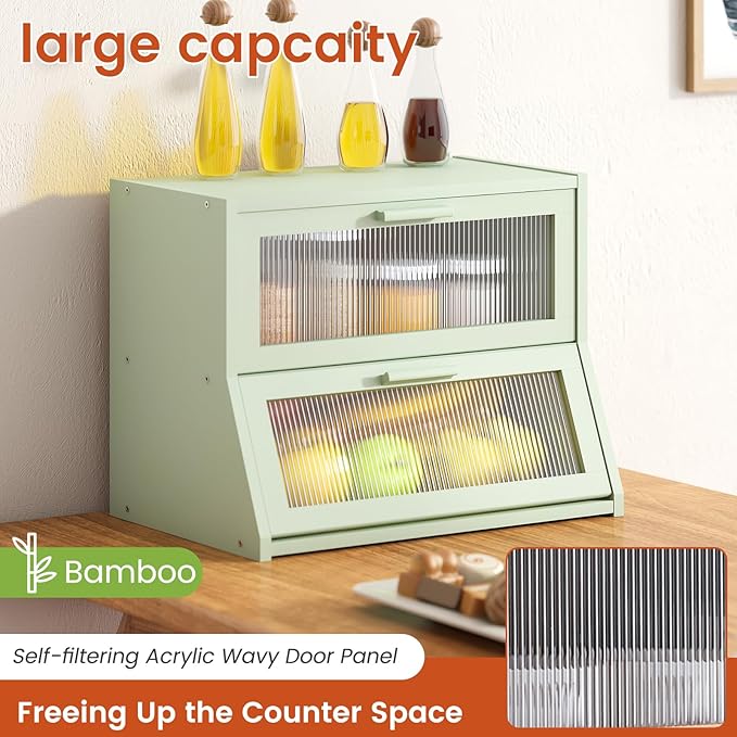 GHWIE Double Layer Bamboo Bread Box for Kitchen Counter,Large Capacity Bread Storage Bin,Bread Container with Acrylic Wavy Door Panel (Light Green, Medium)
