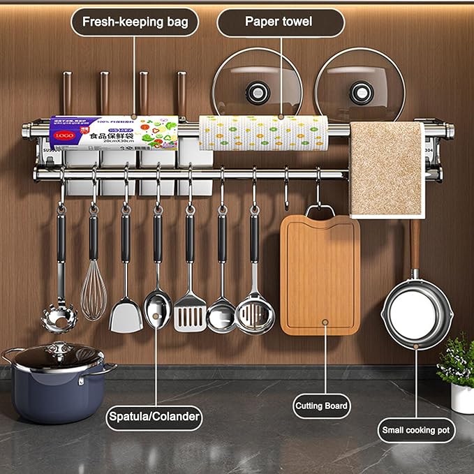 Hanging Wall Mount Knife Wall Mount,Kitchen Utensil Hanger,Space-Saving Kitchen Utensil Rack with Hooks,Kitchen Storage Shelf for Utensils Spatula Spoon, Easy to Clean (Grey, 40CM+8Hook)