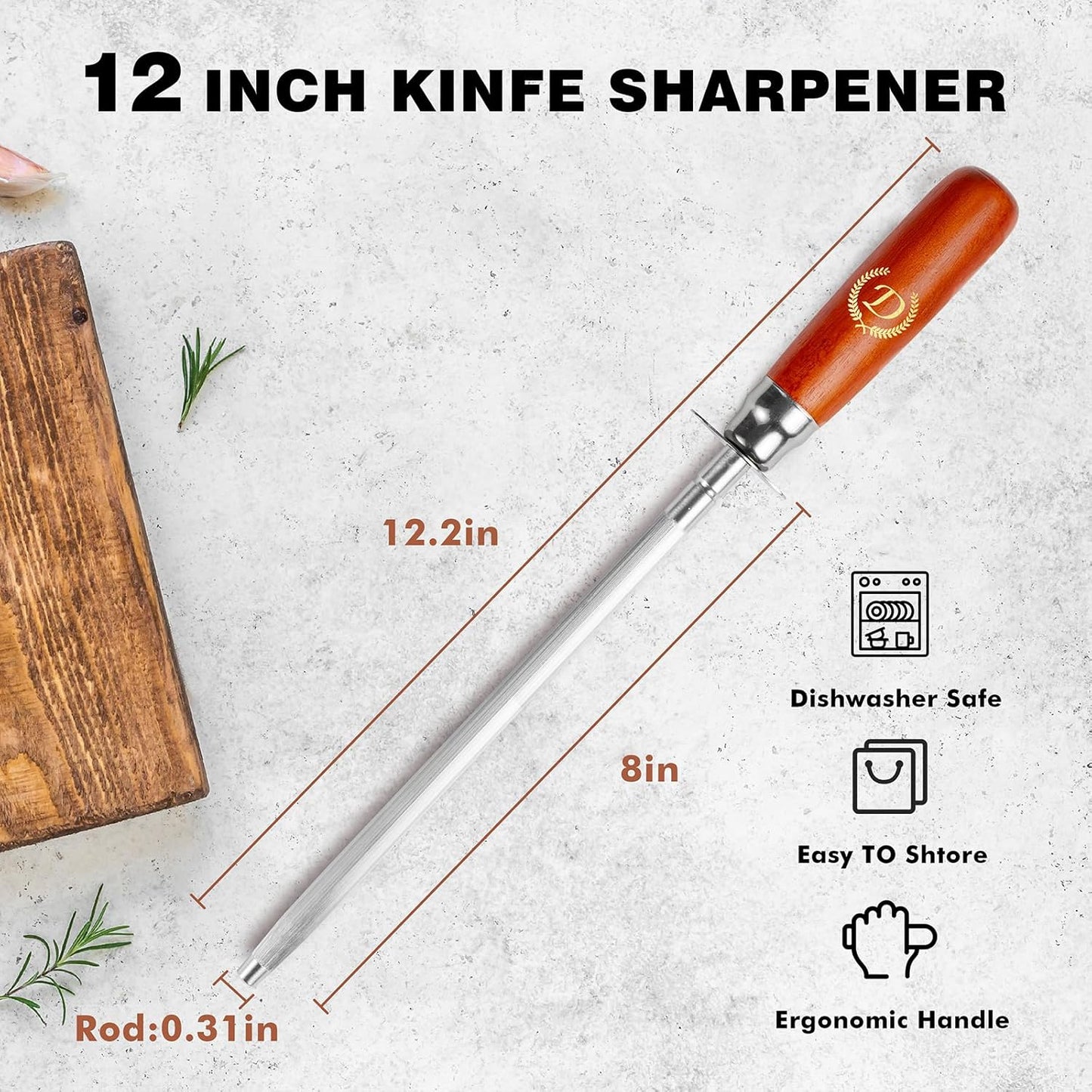 Knife Sharpener Rod, Kitchen Knives Sharpener Carbon Steel Professional Knife Sharpening Steel, Honing Rod with Hanging Holes (13 inches), D
