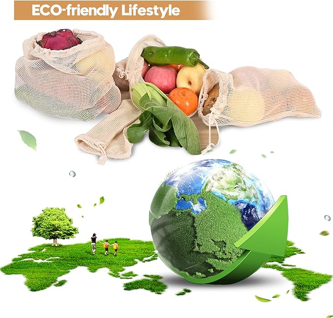 Ycsst Reusable Produce Bags 6 Pack, Cotton Mesh Vegetable Bags for Grocery Shopping, Washable Mesh Produce Bags for Fruits & Vegetables Storage (2S,2M,2L)