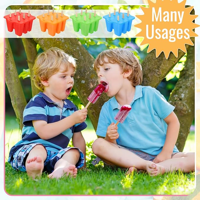 Hoolerry 4 Set Silicone Ice Lolly Molds, Reusable Ice Cream Molds with 200 Wooden Sticks, Easy Release Pop Maker, Frozen Treat Mold for Homemade, Red, Blue, Green, Orange(6 Cavities)