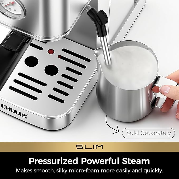 CHULUX Slim Espresso Machine with Milk Frother, 20 Bar Professional Italian Pump Espresso Coffee Machine for Home Cappuccino & Latte Maker, Stainless Steel, Silver