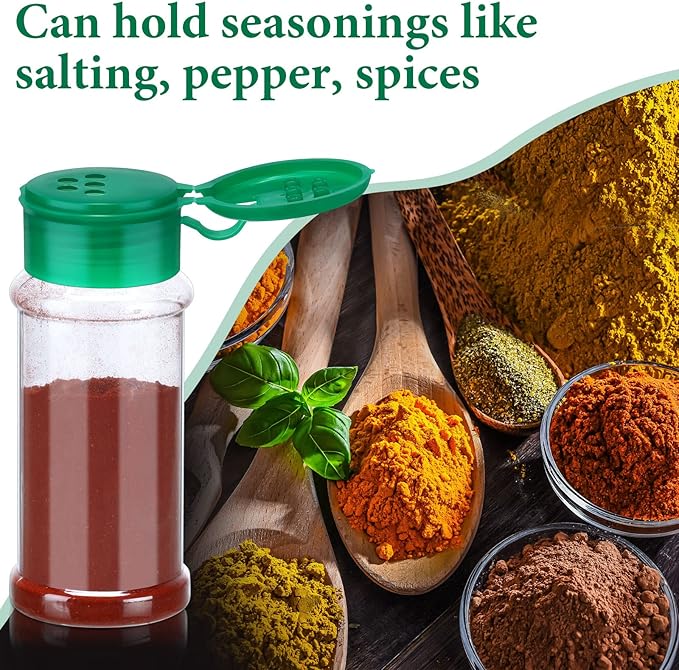 Amyhill 100 Pcs Plastic Spice Bottles Spice Jars Seasoning Jars Shaker Plastic Jars 3.3 Oz/ 100ml Seasoning Shaker with Shaker Lids(Green, Red, Black Lid)