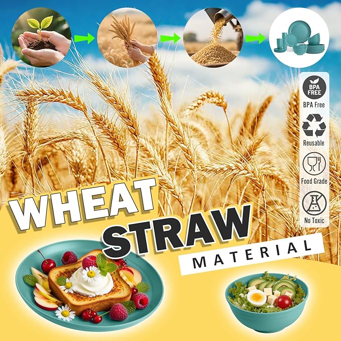Wheat Straw Dinnerware Sets, 32 PCS Dishes Set for 8, Unbreakable Plates and Bowls Sets, Microwave Safe Dinnerware Set for Kitchen Outdoor Camping RV - Green