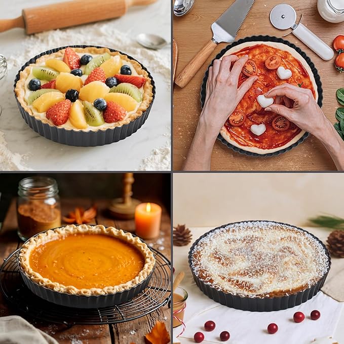 Tart Pan Removable Bottom - 8.6 Inch Non-Stick Carbon Steel Pie Pan for Baking Tarts, Pies, Quiches, Brownies, Quiche Baking Dish with Fluted Edges, Fruit Tart Mold