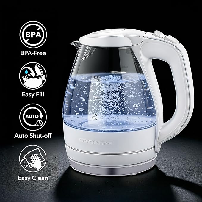 OVENTE Electric Kettle, 1.5L Borosilicate Glass Countertop Water Heater and Boiler for Coffee or Tea, BPA-Free, Auto Shut-Off, Boil-Dry Protection, Removable and Washable Spout Filter, White KG83W