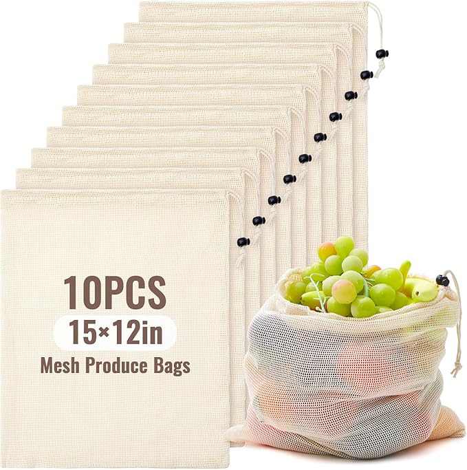 10 Pcs 15 x 12 in Reusable Produce Bags Grocery Washable, Cotton Mesh Produce Bags Plastic Free, Drawstring Closure, Double-stitched Organic Cotton Mesh Grocery Bag for Vegetables Fruit Onions