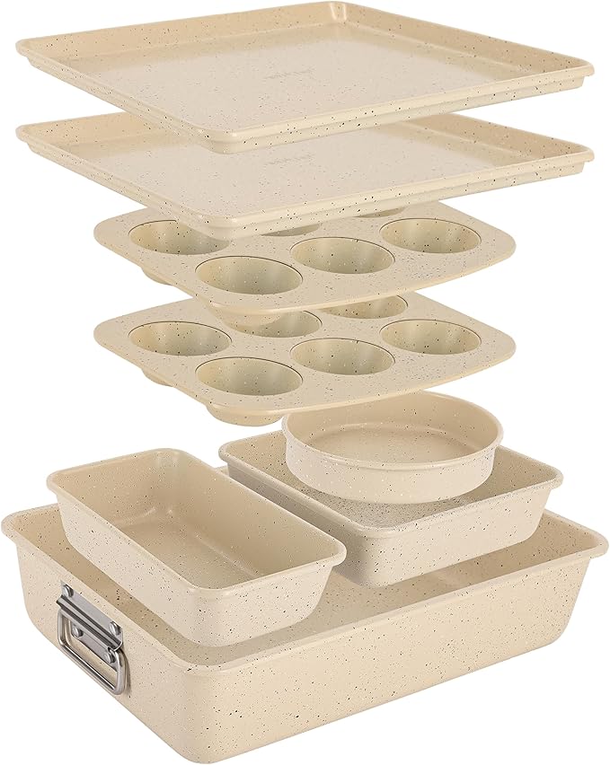 NutriChef 8-Piece Stackable Bakeware Set | Carbon Steel Non-Stick Baking Pan Set | Includes Sheet, Muffin, Round, Loaf, Square Cake & Deep Pans | No PFOA & PFOS | Oven Safe to 450 F | Marble Cream
