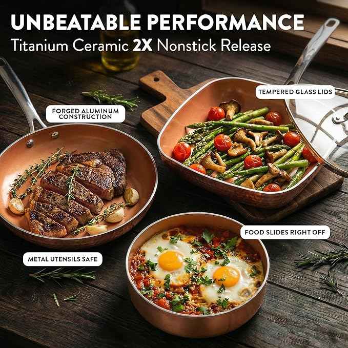 Gotham Steel Hammered 24 Pc Ceramic Cookware Set Nonstick, Induction Ceramic Pots and Pans Set Non Stick with Deep Square Pan Set & Bakeware Set, Non Toxic PFOA PFOS Free, Oven & Dishwasher Safe