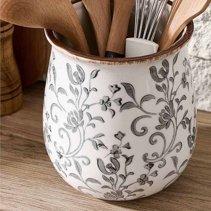 Utensil Holder for Kitchen Counter, Modern Farmhouse Cooking Utensil Holder and Crock Home Kitchen Decor, Ceramic Utensil Organizer for Spatula, Ladle, Eggbeater, Rolling Pin- Gray Flower Patterns