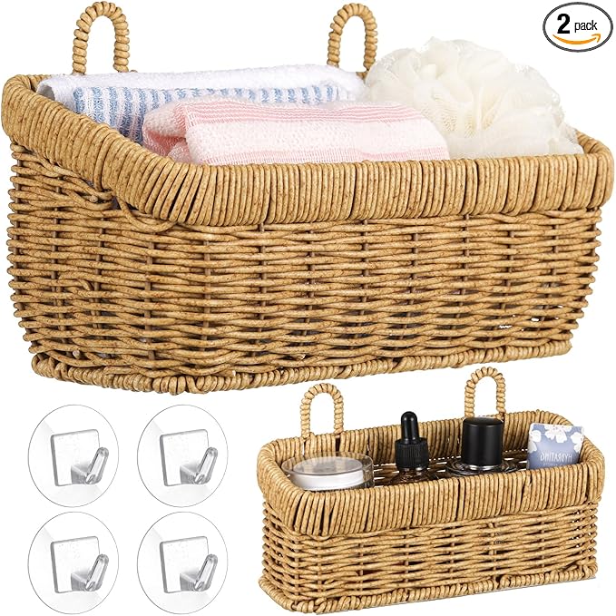 Tioncy 2 Pcs Woven Hanging Wall Baskets for Storage Boho Style Hanging Storage Plastic Woven Baskets with 4 Hooks for Kitchen Garden Living Room
