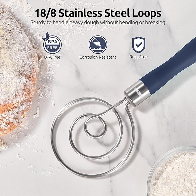 U-Taste 18/8 Stainless Steel Measuring Cups and Spoons Set of 10 and 12.6in Stainless Steel Danish Dough Whisk (Midnight Blue)