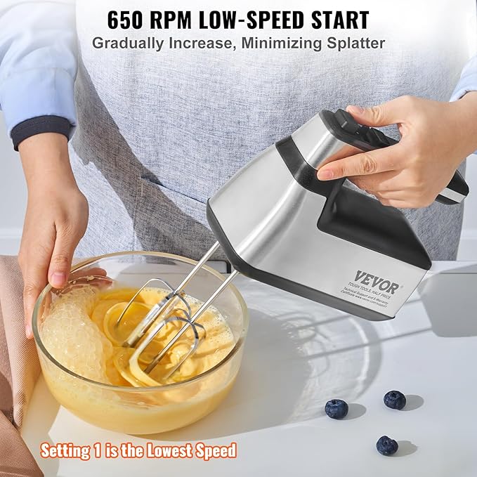 VEVOR Cordless Electric Hand Mixer,100W, Continuously Variable Electric Handheld Mixer, with Turbo Boost Beaters Dough Hooks Storage Bag, Baking Supplies for Whipping Mixing Egg Cookie Cake Cream