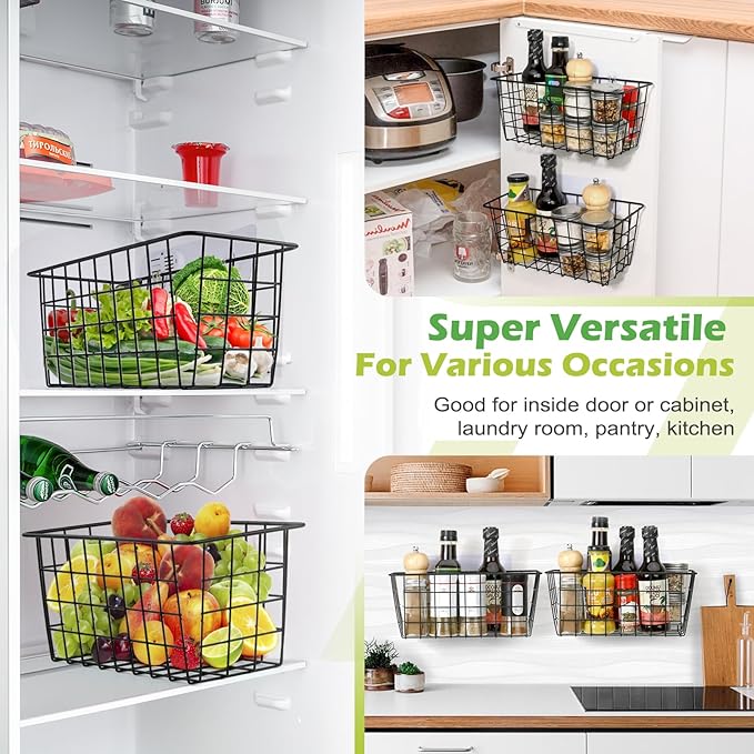 ZUSHALLMY 4 Pack Hanging Kitchen Baskets, Adhesive Wire Wall Storage Basket, No Drilling Hanging Fruit Baskets, Cabinet Door Organizer for Kitchen Bathroom Pantry, Upgrade Super-sized Adhesive (4)