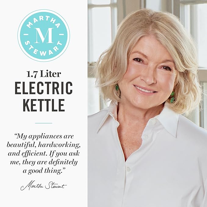 Martha Stewart Electric Kettle with Removable Stainless Steel Tea Infuser, Glass Carafe 1.7L (7 Cups), Hot Water Boiler, 4 Presets, Keep Warm & Auto Shut-Off, Cordless 360° Swivel Base, Honeydew Green