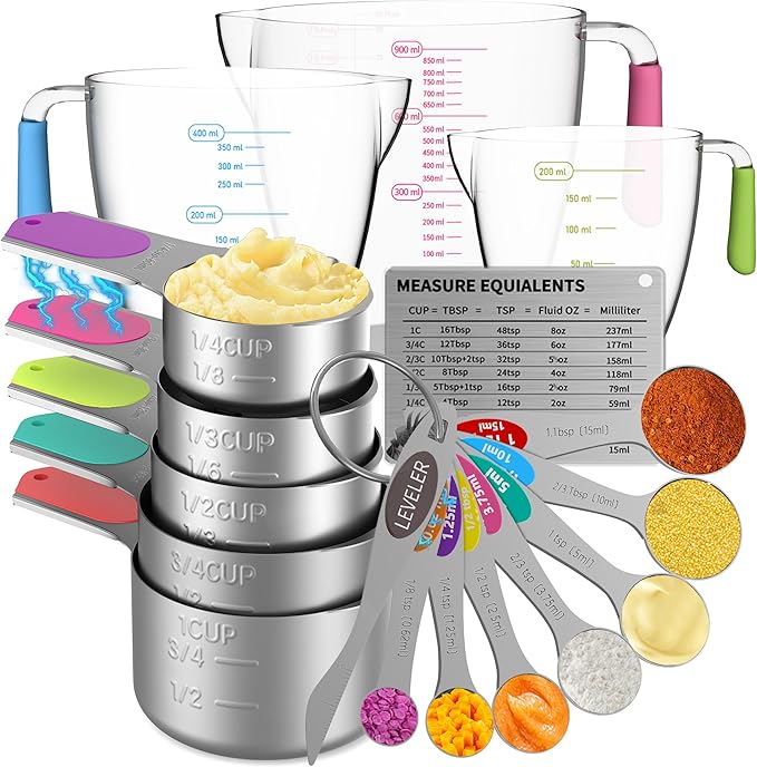 Magnetic Measuring Cups and Spoons Set, 5 Stainless Steel Measuring Cups, 7 Magnetic Measuring Spoons & 1 Leveler, 3 Plastic Measuring Cup with 1 Measuring Conversion Chart