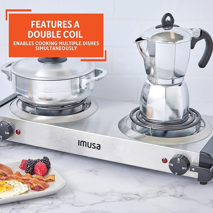 Imusa USA GAU-80312US Electric Double Burner 1750-Watts, Stainless Steel, Silver